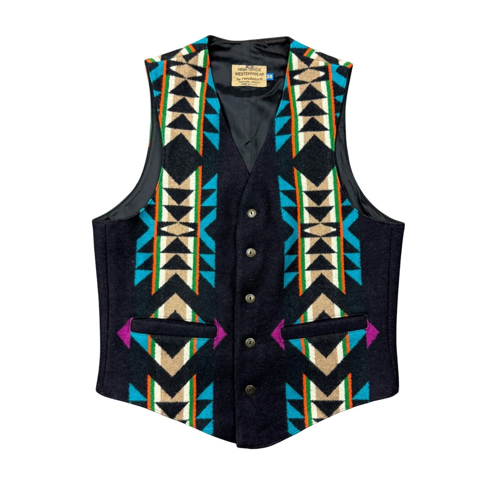 Vintage Pendleton High Grade Westernwear Wool Vest Mens 38 Black Aztec USA Made